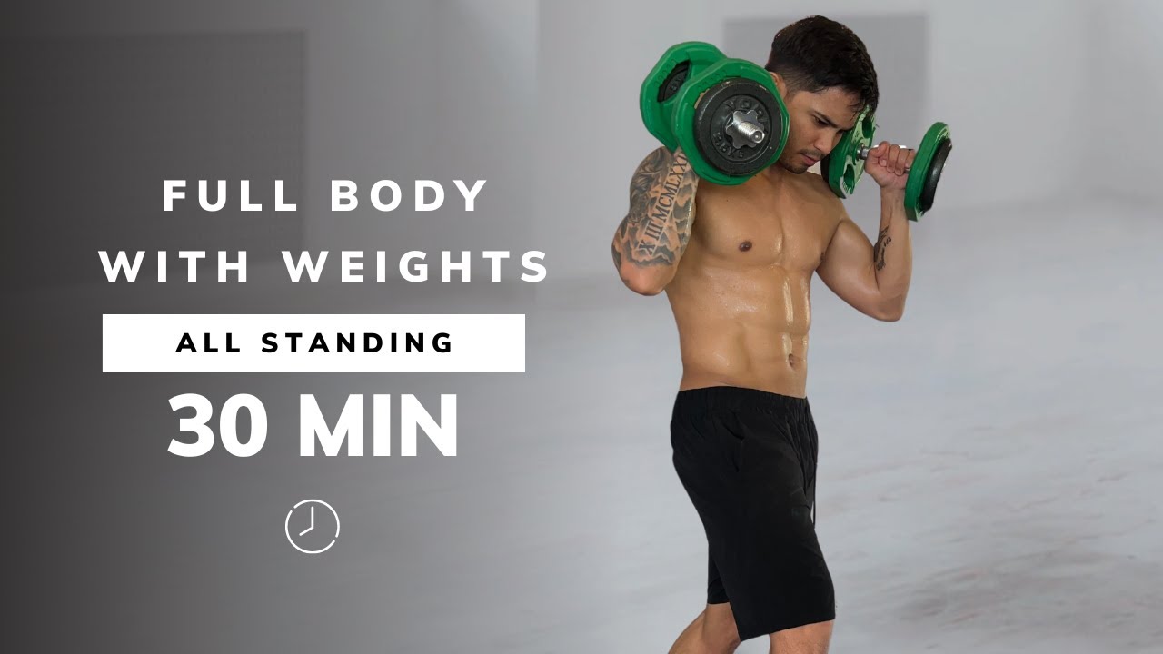 30 Min FULL BODY DUMBBELL Workout - ALL STANDING - Strength Training At Home