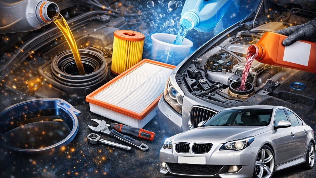 BMW e60 520d 2008 oil, oil filter, air filter, screen wash top up coolant check