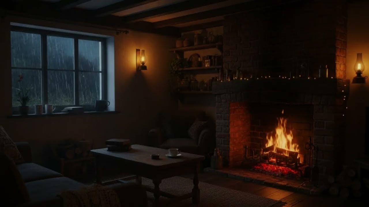 Serene Rainy Fireplace Room for Sleeping 😴 | Rain & Fireplace Sounds (Black Screen)