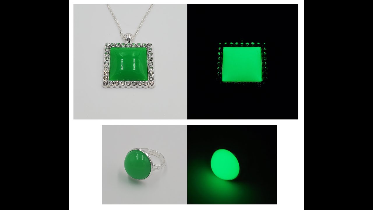 NLM GLOW in Dark Dangle Charm Jewelry Rhinestone Statement Ring  Square Pendant Necklace Green Art