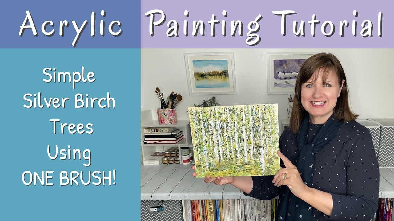 Simple Silver Birch Trees - Acrylic Painting Using One Brush!