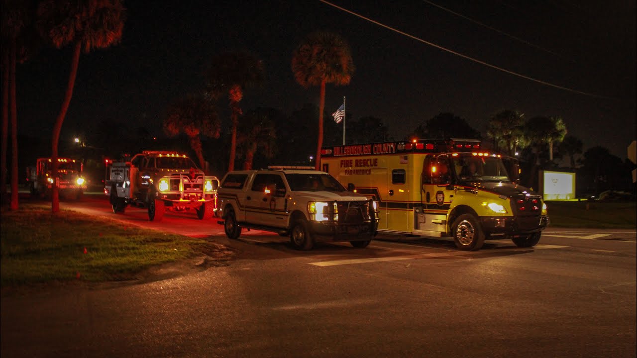 Hillsborough County Fire Rescue Crews Responding and Leaving a Multi Alarm Brush Fire