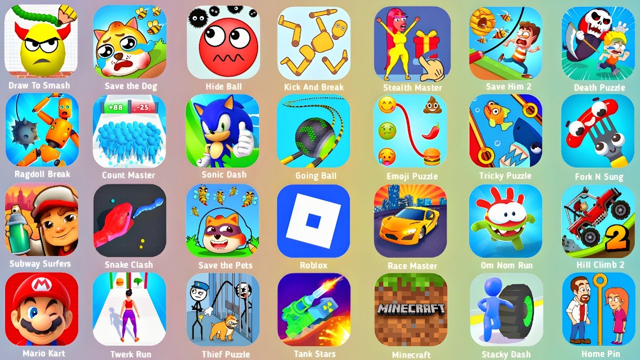 Draw to Smash,Bridge Race,Ragdoll Break,Hill Climbing Lite,Magic Tiles 3,Prison Life,Hide Ball,ForkN