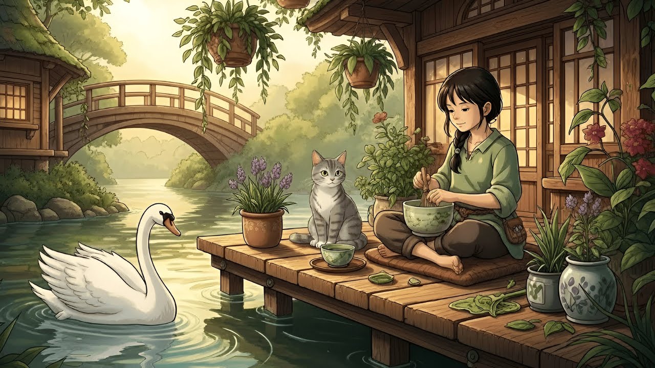 Living Alone in a Floating House | Pond Life, Swans and Floating Garden | Calm Ghibli ASMR