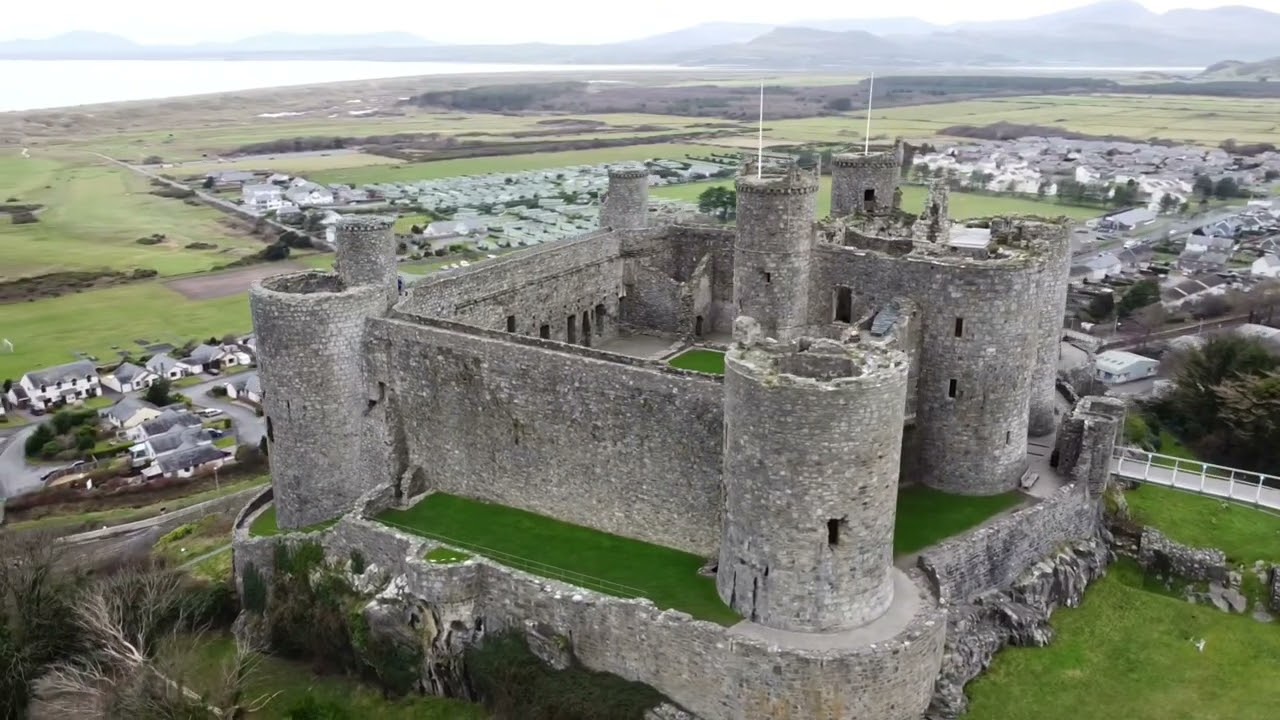 Harlech Castle, Wales - aerial drone footage