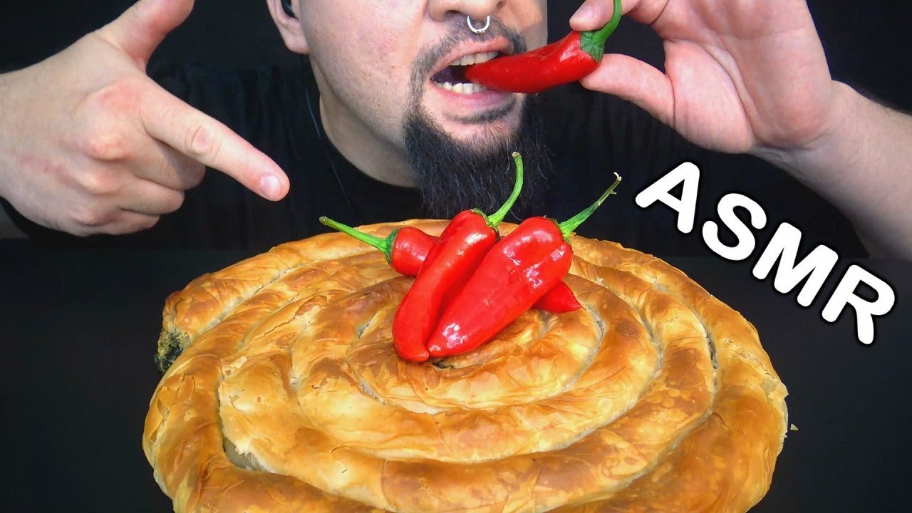 ASMR CRUNCHY GREEK SPANAKOPITA & FRESNO CHILI PEPPERS (No Talking) EATING SOUNDS