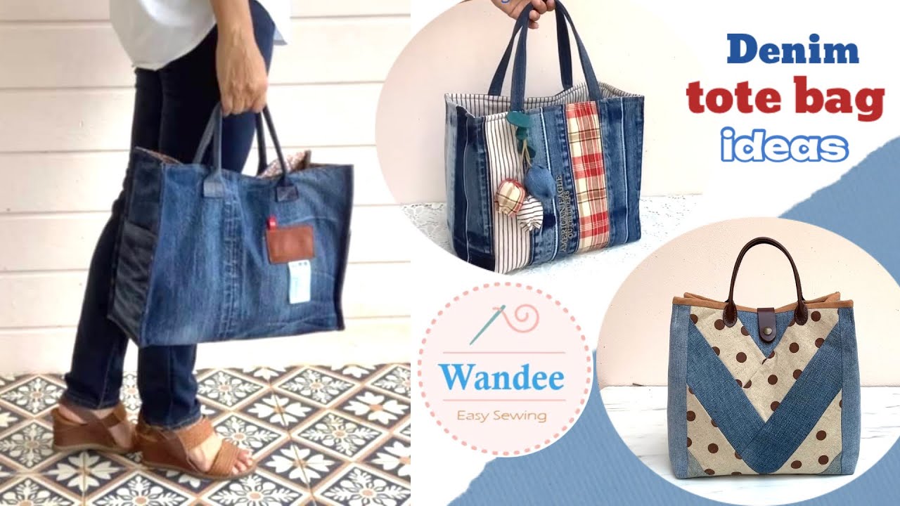 3 ideas denim easy patchwork open wide tote bag out of old jeans , tote bag tutorial