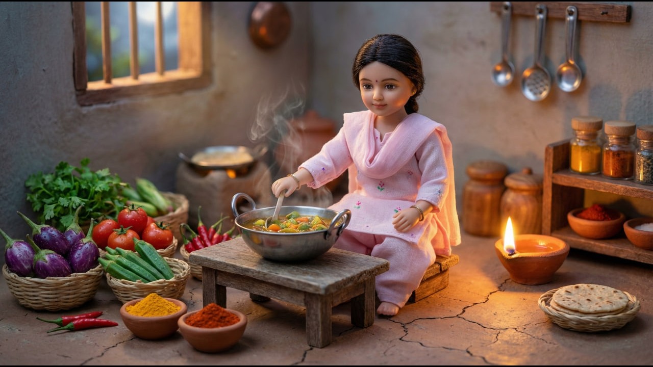 Miniature Doll Village Dinner ASMR 🍲🫓 | Peaceful Indian Village Cooking & Eating Story