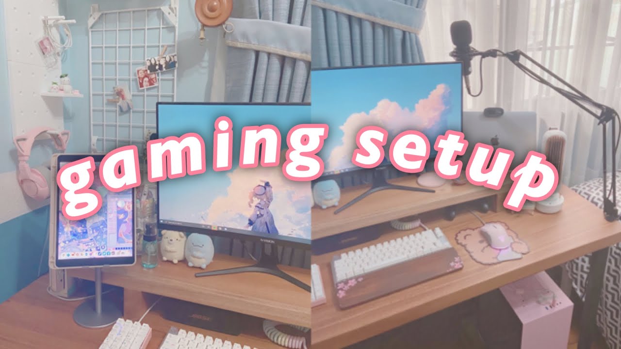 🍃 my cute semi-pink gaming setup (that i sometimes use for school) || desk setup 2020