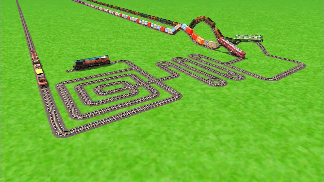 FOUR TRAINS PASSING BY SQUARE CIRCLES CHASM RAILROAD TRACKS ZIG ZAG TRACK /train Simulator Gameplay 