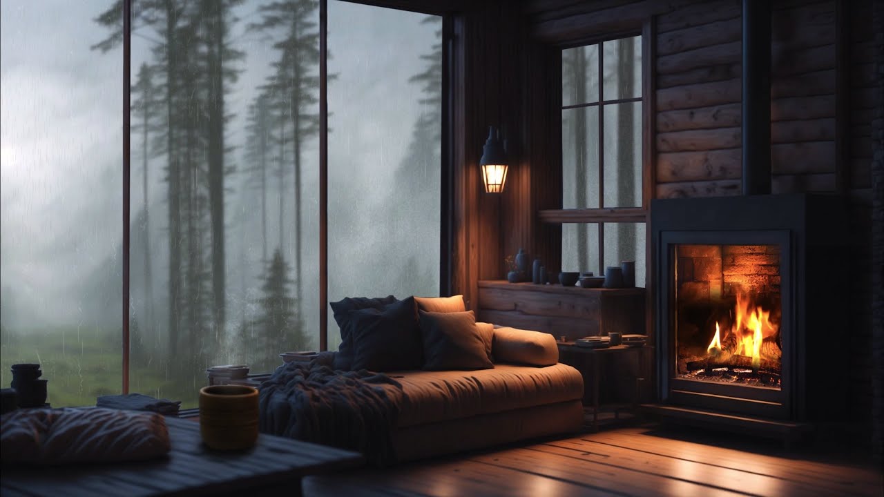 Cozy Rustic Cabin Ambience | Gentle Rain and Fireplace Sounds for Relaxation