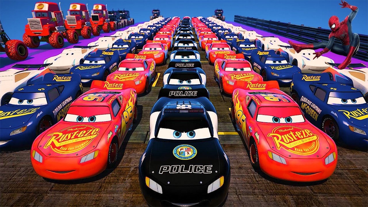 GTA 5 SPIDERMAN Cars Challenge Lightning & Monster McQueen Jackson Storm Miss Fritter & Friends Cars