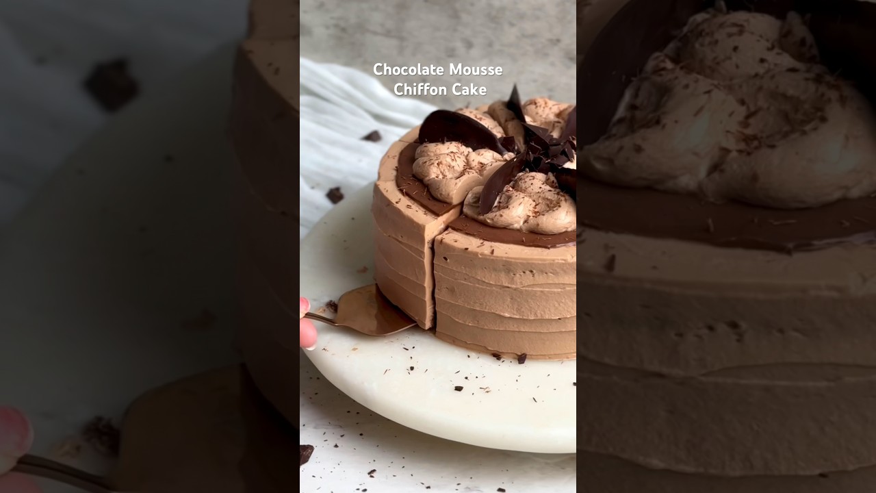 Chocolate mousse chiffon cake: soft, light, creamy and insanely delish! #recipe #chocolatecake #cake
