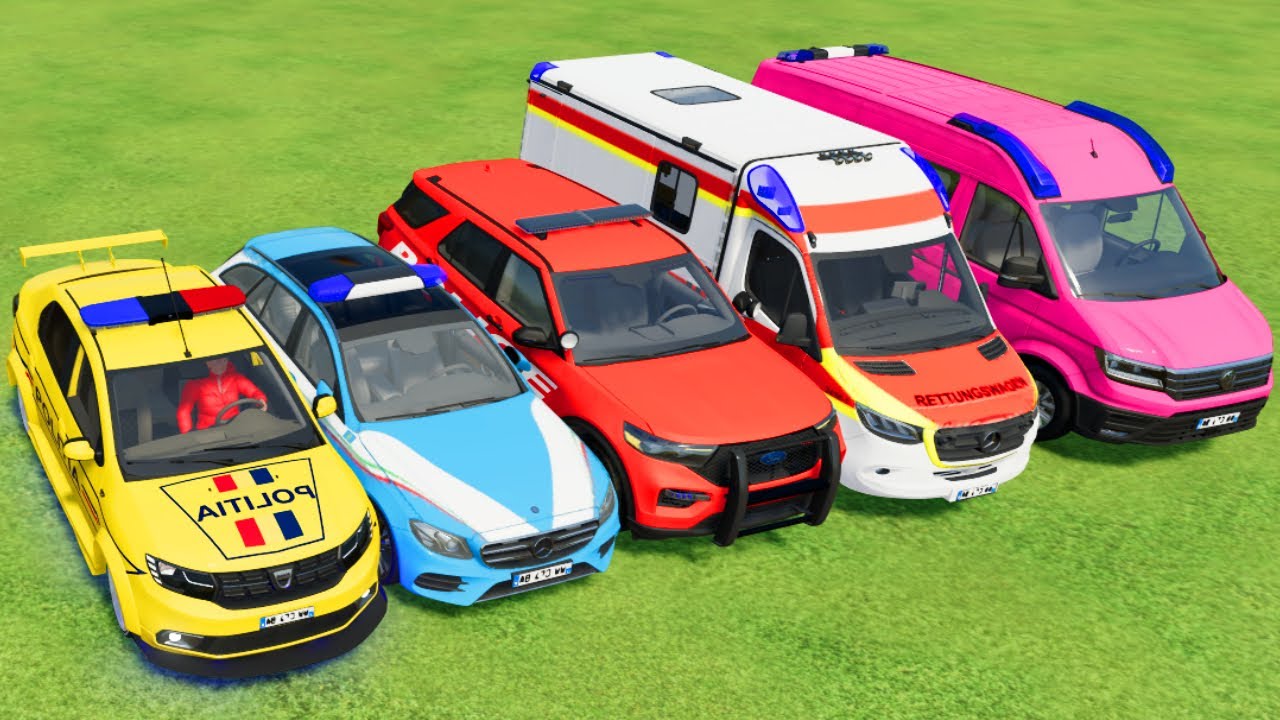 POLICE CARS, FIRE DEPARTMENT, AMBULANCE VEHICLES TRANSPORTING WITH TRUCKS ! Farming Simulator 22