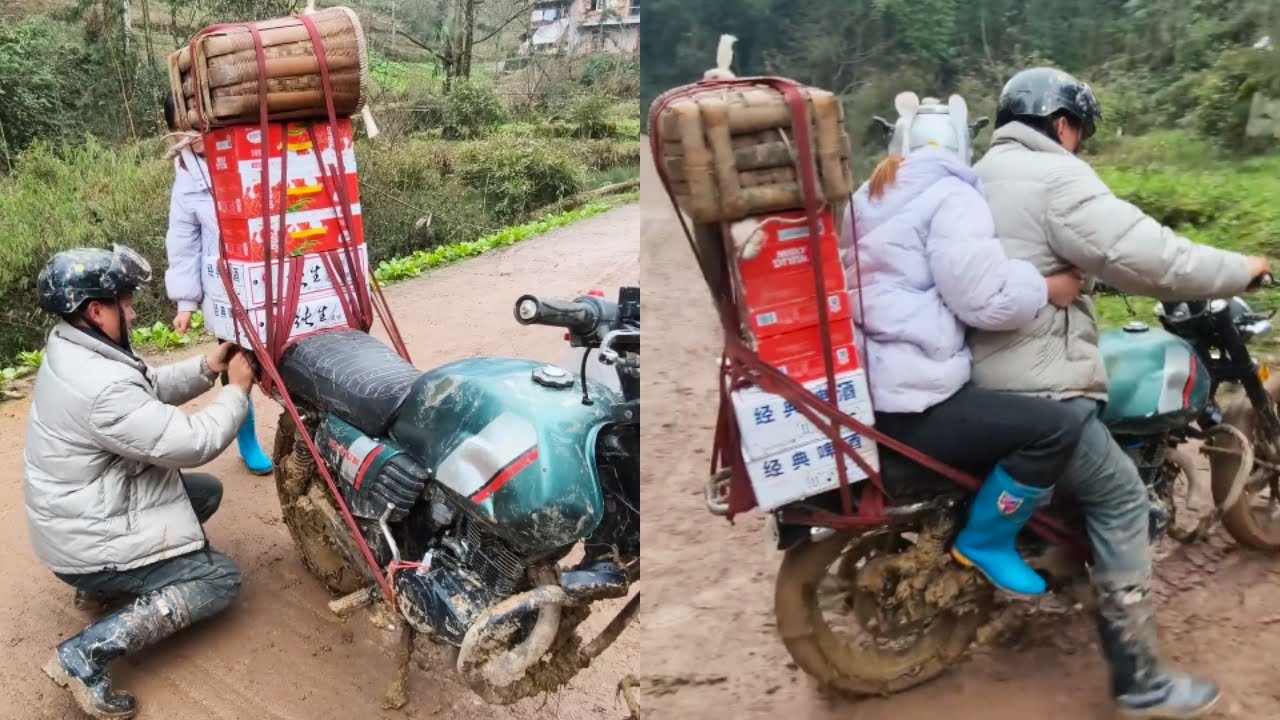 A Woman Carrying New Year's Goods Home, Traveling A Difficult Mountain Road#automobile #kindness