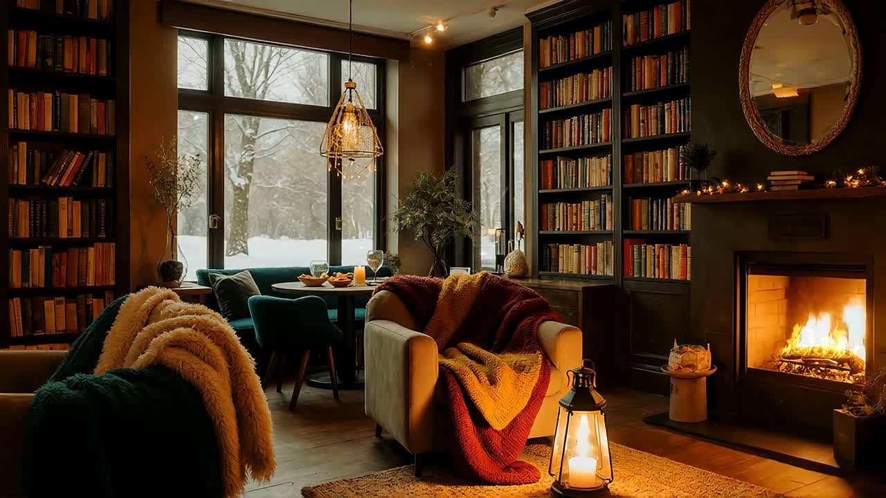 Cozy Winter Library Ambience - Warm Fireplace Jazz Relax Music for Deep Focus and Work 05