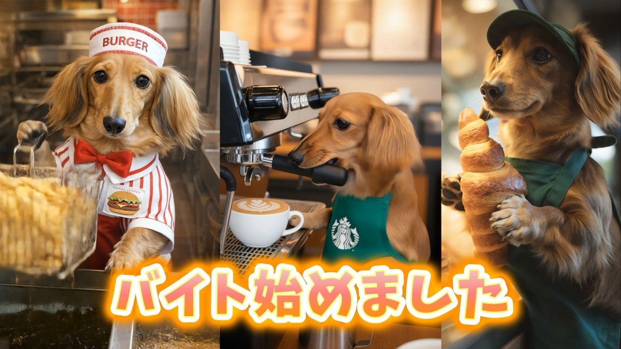 【癒やし】ミニチュアダックス2匹がバーガーショップ＆カフェでバイト開始！むぎとアネラの可愛すぎる制服姿🍔☕️【AI動画】