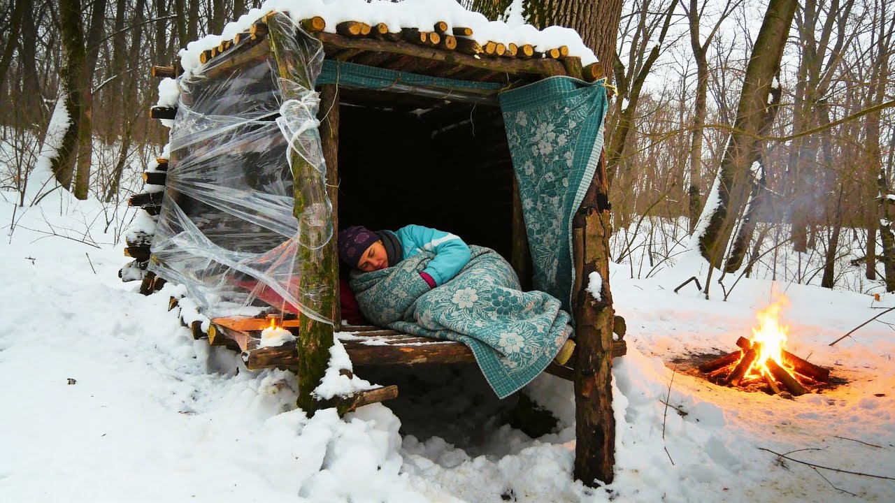 Solo Winter Bushcraft Survival | Woman Alone Builds Shelter & Spends the Night.