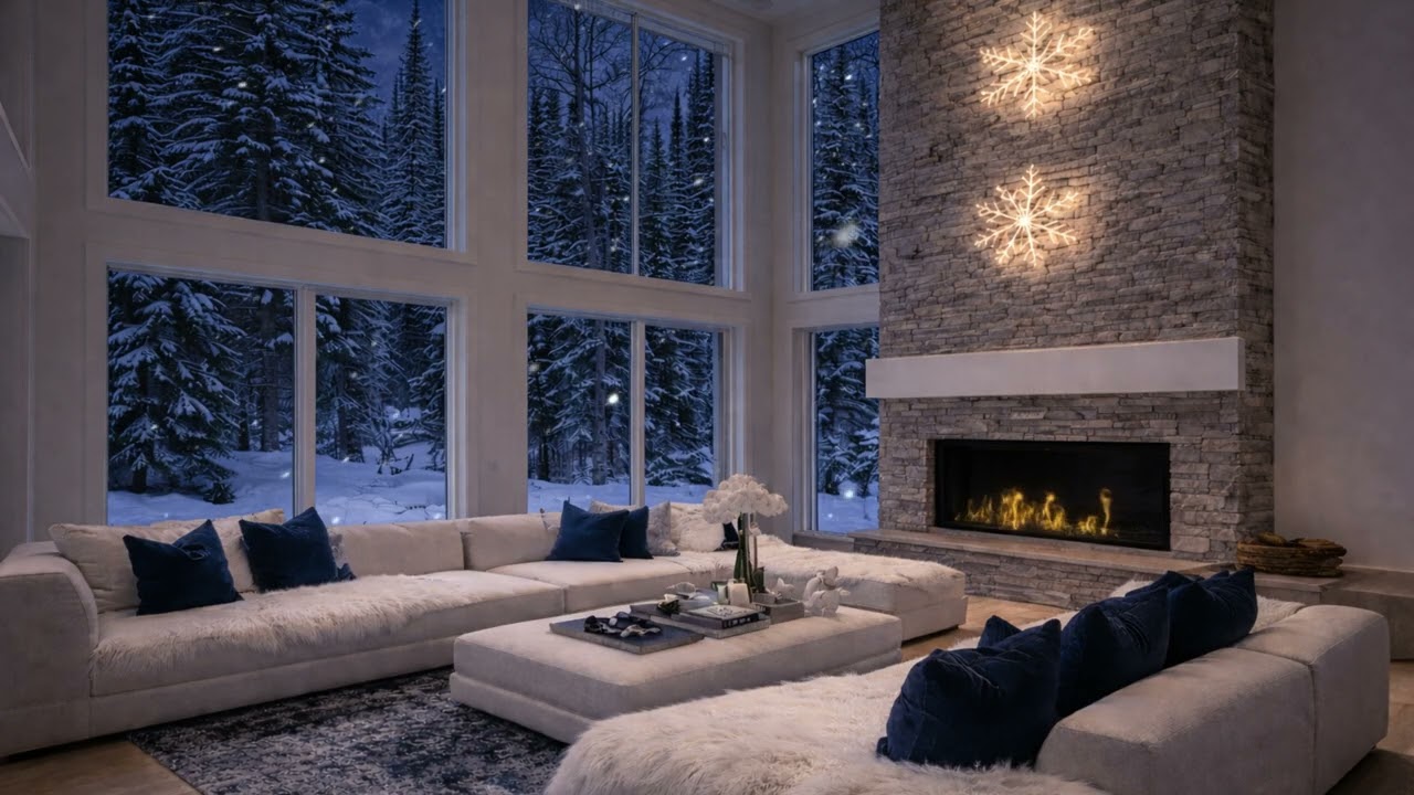 A quiet modern cabin at night with soft winter stillness and a peaceful snow view