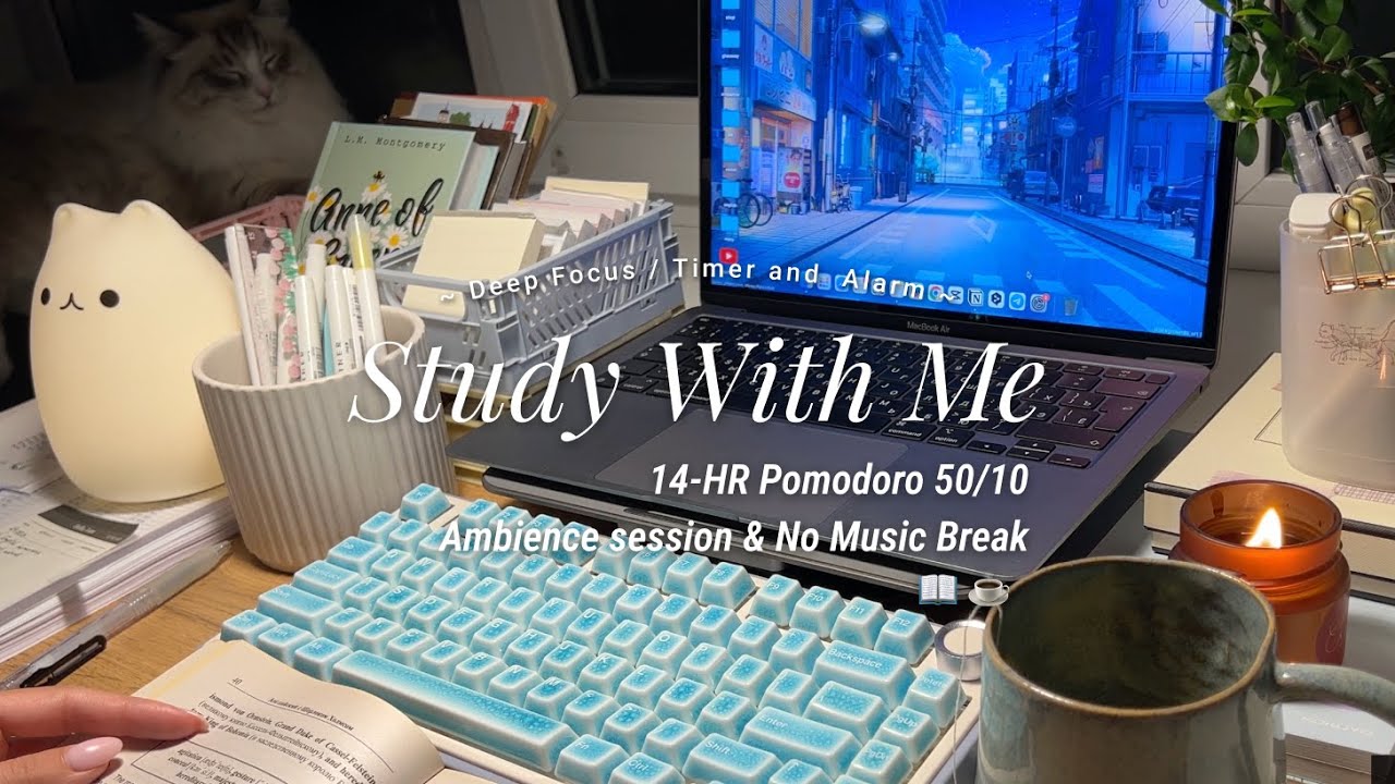 14-HR STUDY WITH ME [Pomodoro 50/10] ☕️ ambience session & calm nature break / countdown & alarm