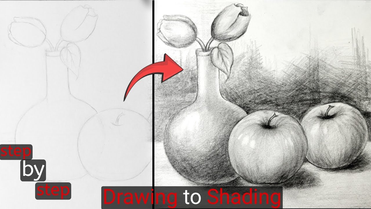 Realistic Still Life Drawing Tutorial for Beginners (Pencil Shading) | Flower Vase & Fruits