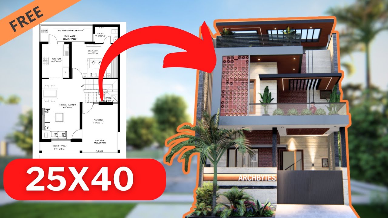 25x40 Feet House Design 3D: 3 Bedrooms, 3 Bathrooms, 7x12 Meters  | 1000 Sqft | 111 Gaj | Archbytes