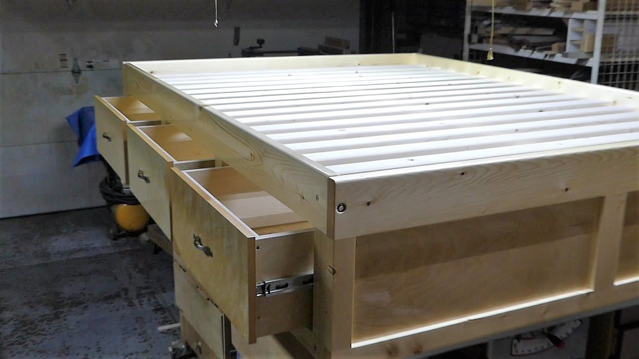 Make a  queen size bed frame with 3 drawers
