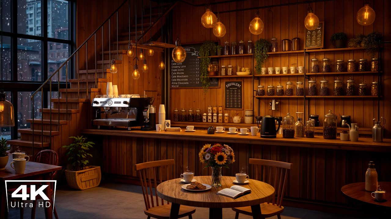 4K Cozy Coffee Shop Ambience on a Snowy Winter Day ☕ Relaxing Jazz Piano for Work, Study & Reading