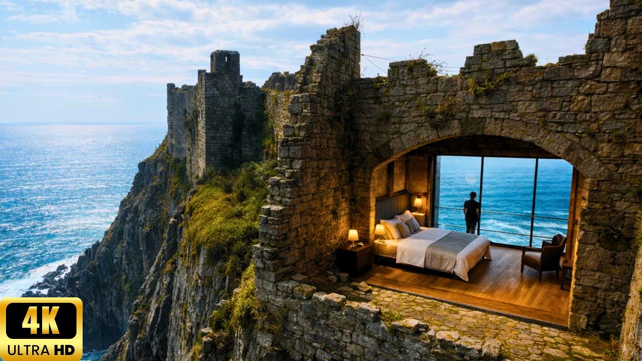 BUILDING A SECRET SHELTER in the RUINS of a CASTLE on a CLIFF OVER THE SEA (ASMR)
