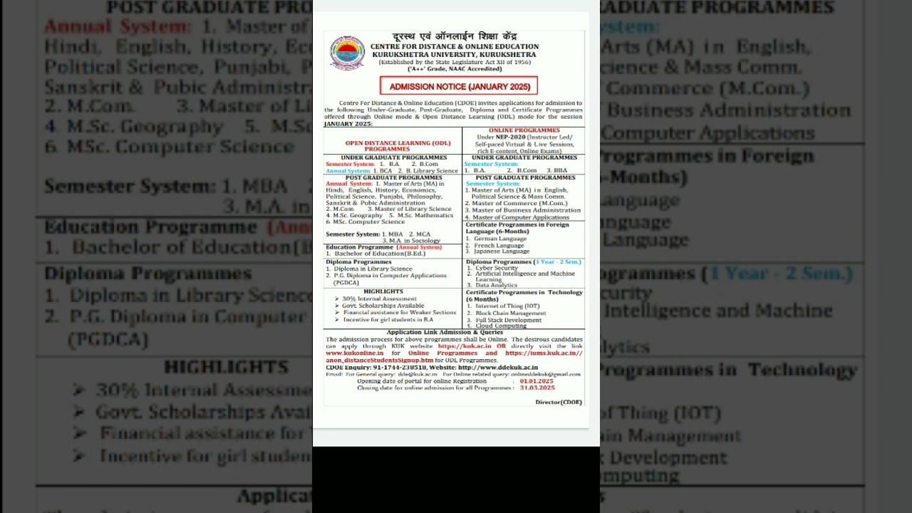 kuk distance 2025-26 distance education admission ma english hindi ba m.sc mba b.com m.com