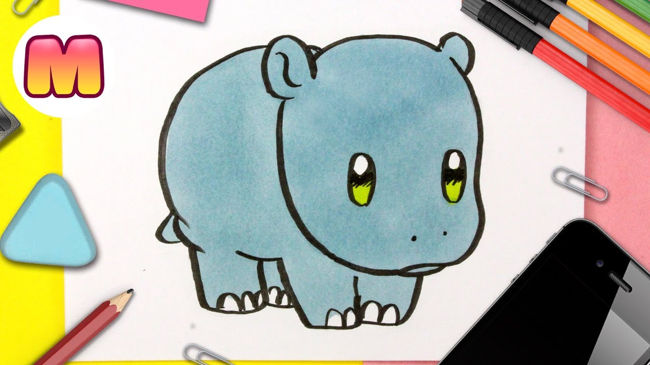 COMO DIBUJAR UN HIPOPOTAMO KAWAII - Dibujos kawaii faciles - Aprender a dibujar animales kawaii
