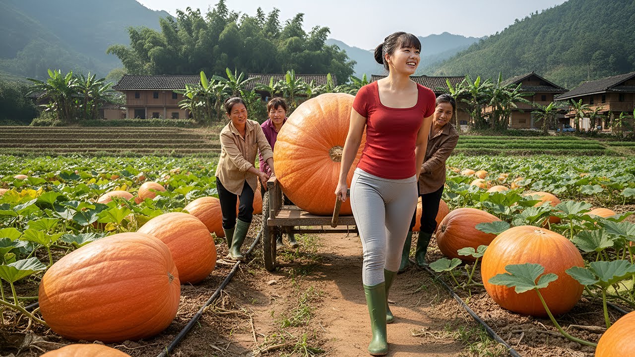 Increíble Cosecha de Calabazas Gigantes – Calabazas y Flores de Calabaza al Mercado