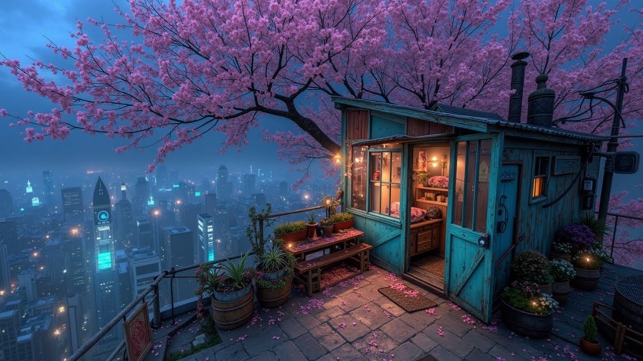 Sakura Lofi Beats 🌸 Спокойная атмосфера на крыше города для учебы и отдыха