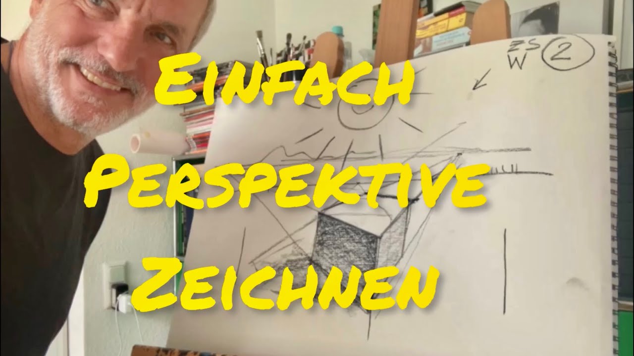 Perspektive zeichnen  mit Fluchtlinie, Horizontlinie, Fluchtpunkt am Beispiel eines Würfels.