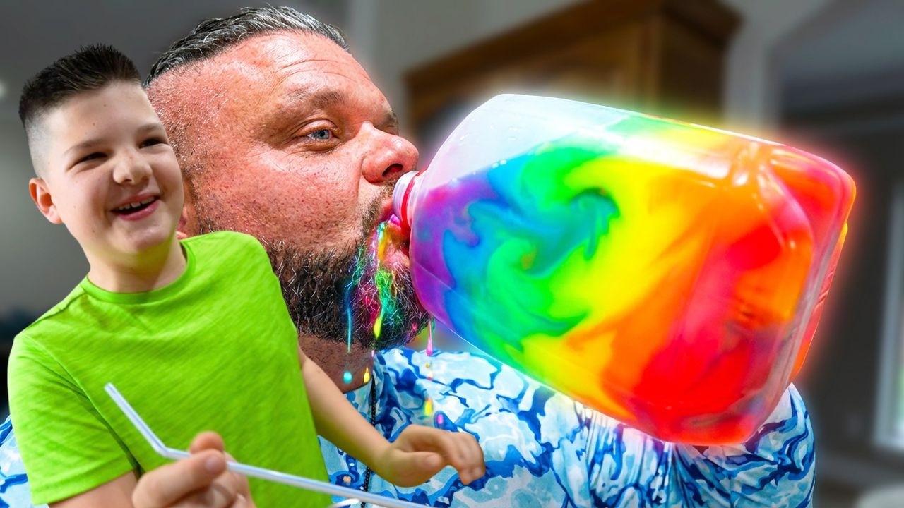 MYSTERY DRiNK GAME!! Caleb and Mom make a Gross Family Challenge! Dad Gets a Rainbow Surprise!