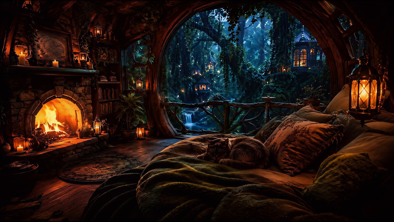Cozy Fairy Treehouse in the Rain 🌧️ Medieval Fairy Music, Fireplace & Cat Purring