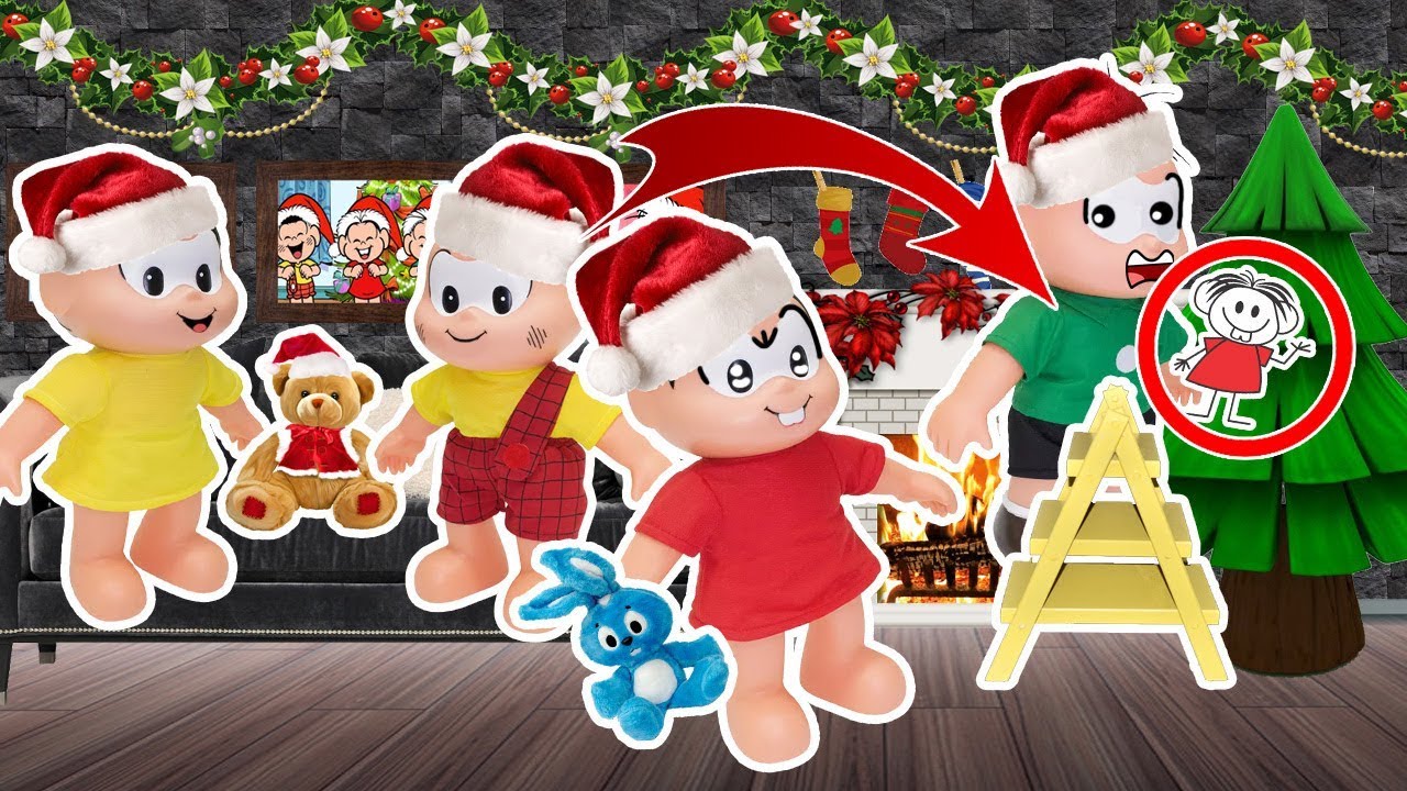 Mônica, Cebolinha, Magali, Cascão montam decoração de árvore de natal.