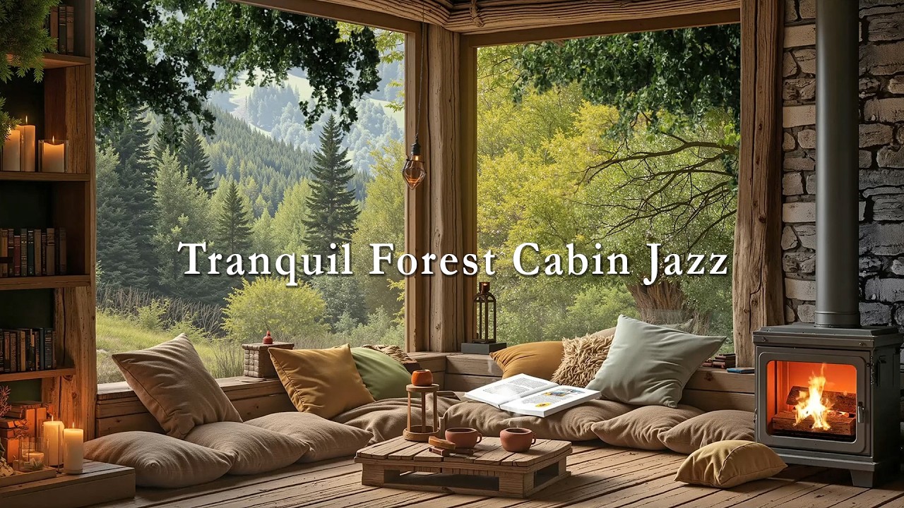 Tranquil Forest Cabin Jazz ☕ Candlelight, Warm Fireplace & Relaxing Forest View Ambience
