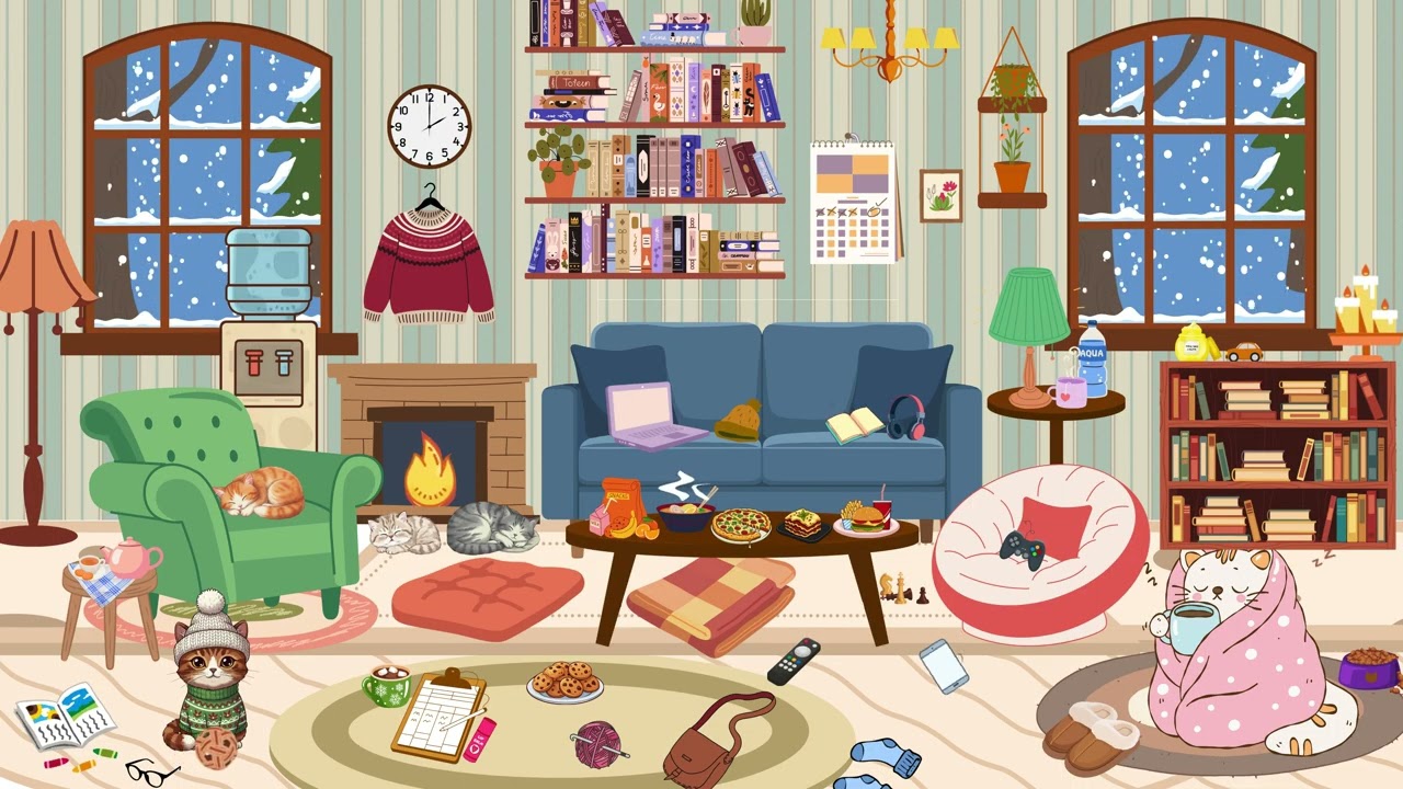 10 minutes in a cosy living room with cute hobbies and cats with a blizzard and snow storm outside