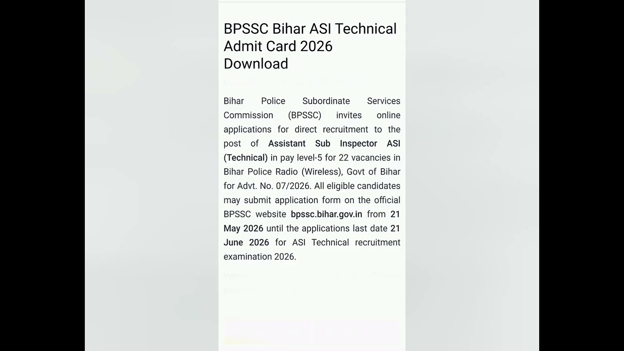 BPSSC Bihar ASI Technical Admit Card 2026 (Daily Vacancy Update)
