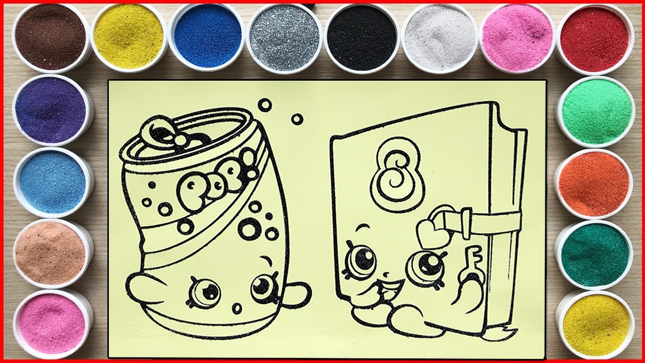 TÔ MÀU TRANH CÁT SHOPKINS LON NƯỚC NGỌT & QUYỂN SÁCH - Sand painting shopkins (Chim Xinh)
