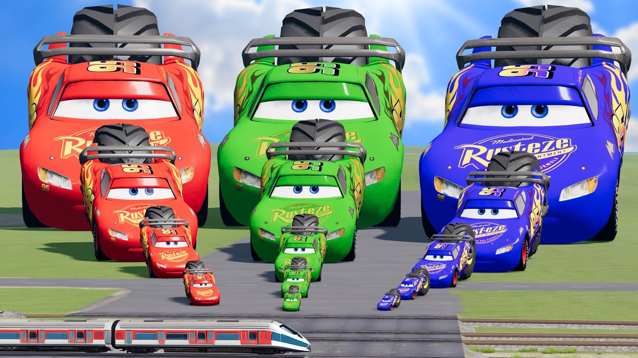 Big & Small: Red Mcqueen vs Green Mcqueen vs Blue Mcqueen with Rear Mono MonsterTruck wheel vs Train