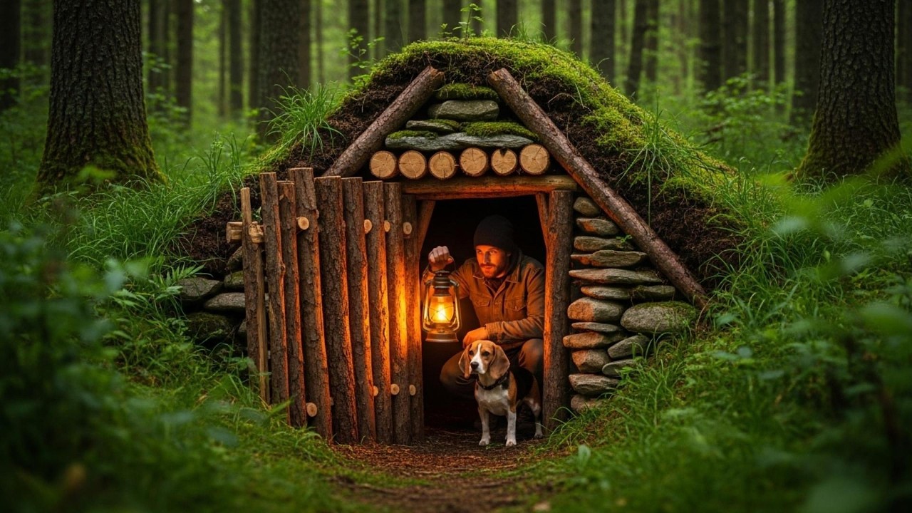 Building a Warm and Cozy Wooden Shelter in the Forest with My Dog | Bushcraft Survival