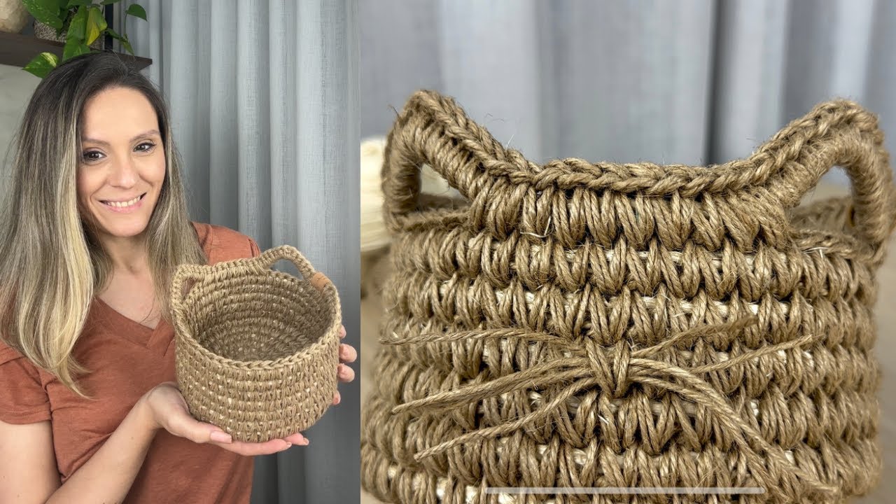 Cachepot de gatinho passo a passo em croche/ Cesto de JUTA