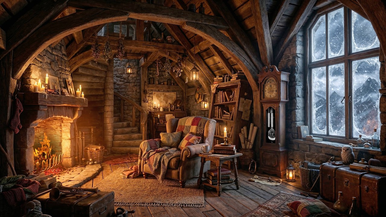 Ночь снежной бури на уютном чердаке волшебника ❄️🔥 Волшебная атмосфера камина для учебы