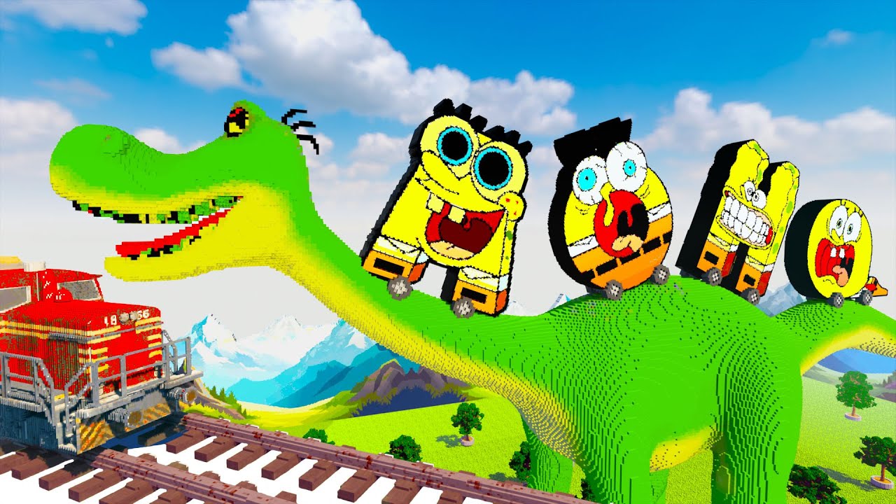 Challenges Alphabet Lore Spongebob Car to ride a dinosaur across a train in Teardown