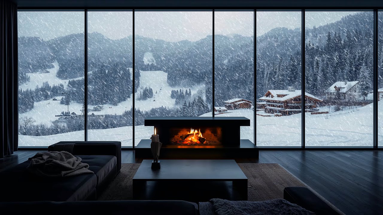 Heavy Snowfall Ambience 4K | Modern Chalet Fireplace During Blizzard | 10 Hours