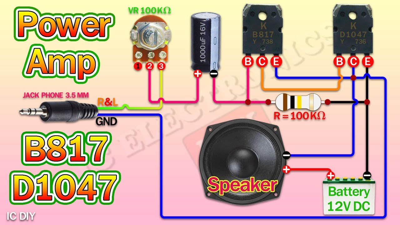 วงจรขยายเสียงง่ายๆด้วยTransistor Power Amp D1047 & B817  12V DC