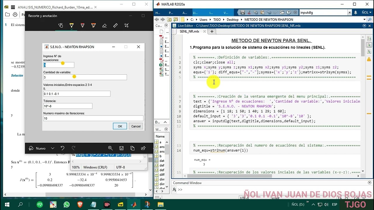 SISTEMA DE ECUACIONES NO LINEALES || METODO DE NEWTON RAPHSON || MATLAB