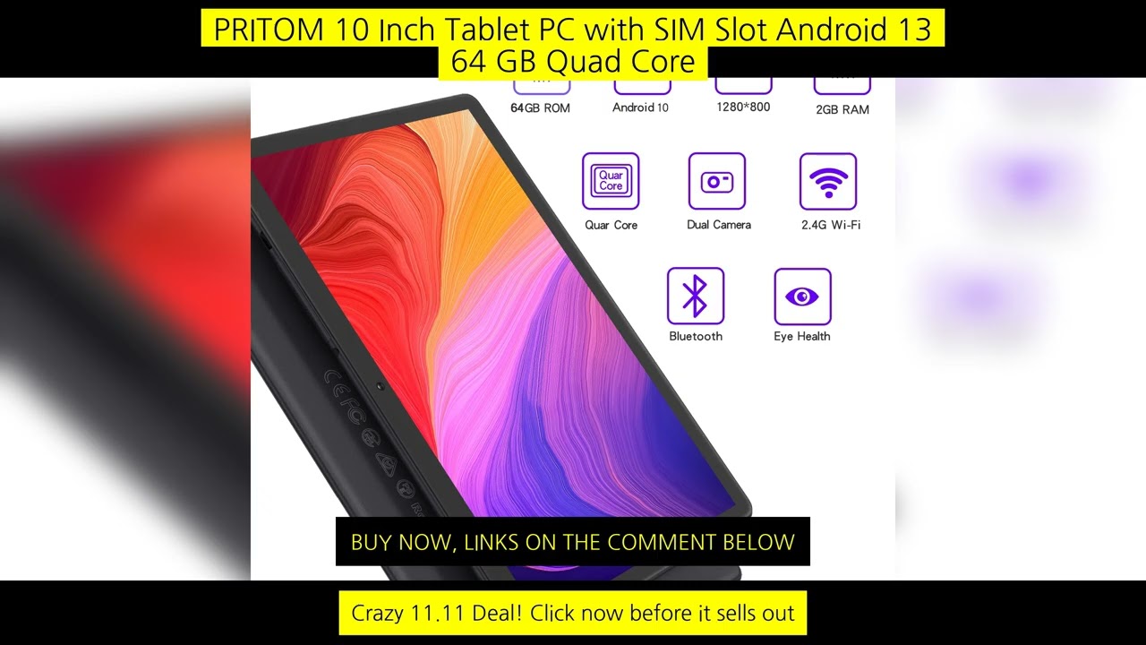 Pritom 10 Inch Tablet Pc With Sim Slot Android 13 64 Gb Quad Core Touch Screen